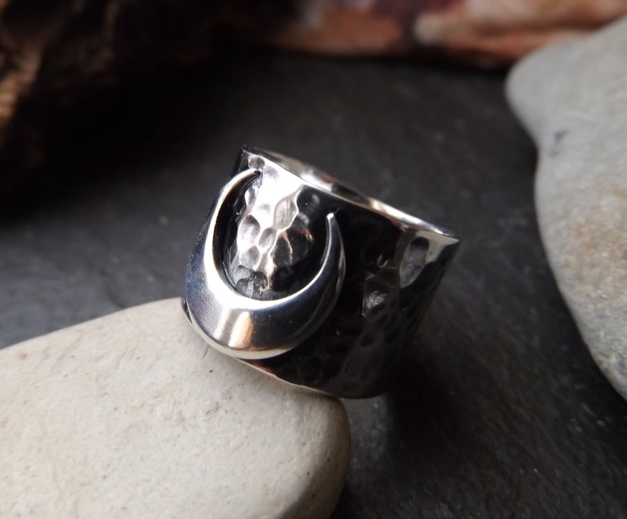 Silver hammered crescent moon ring , inverted crescent band