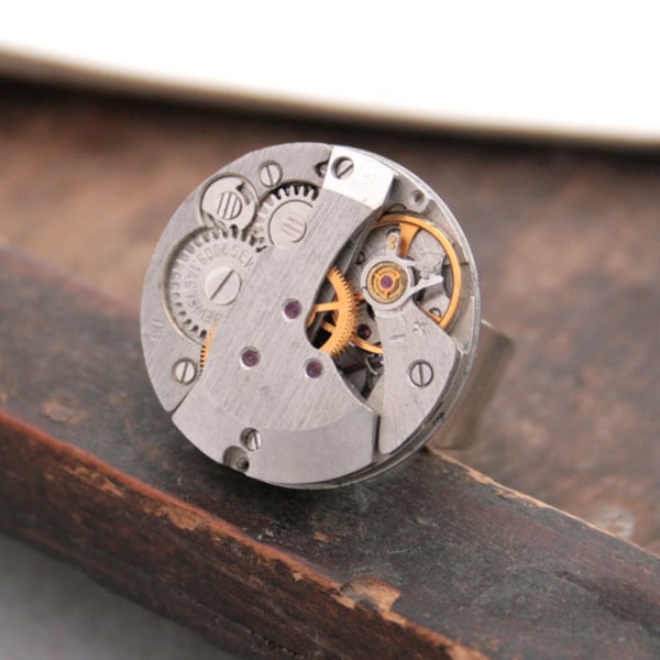 Round Silver Steampunk Ring Metal Statement Ring