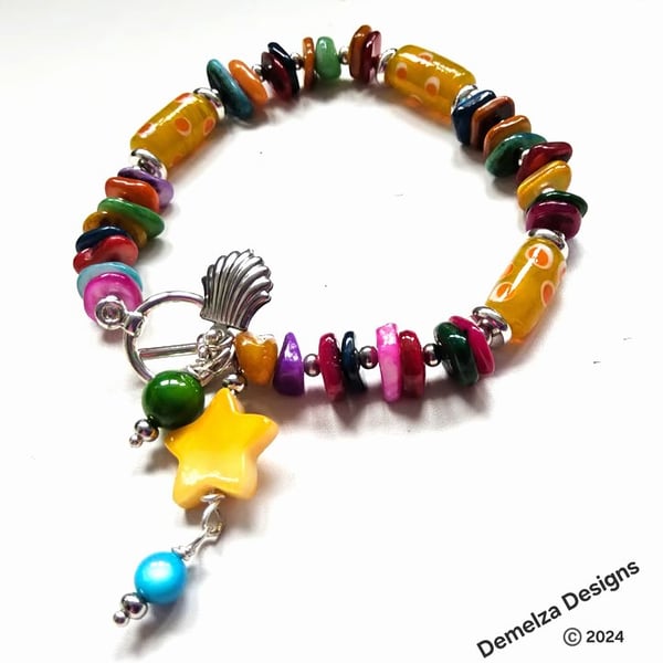 Multicoloured Chakra Mother of Pear and Hand Blown Bead Bracelet 