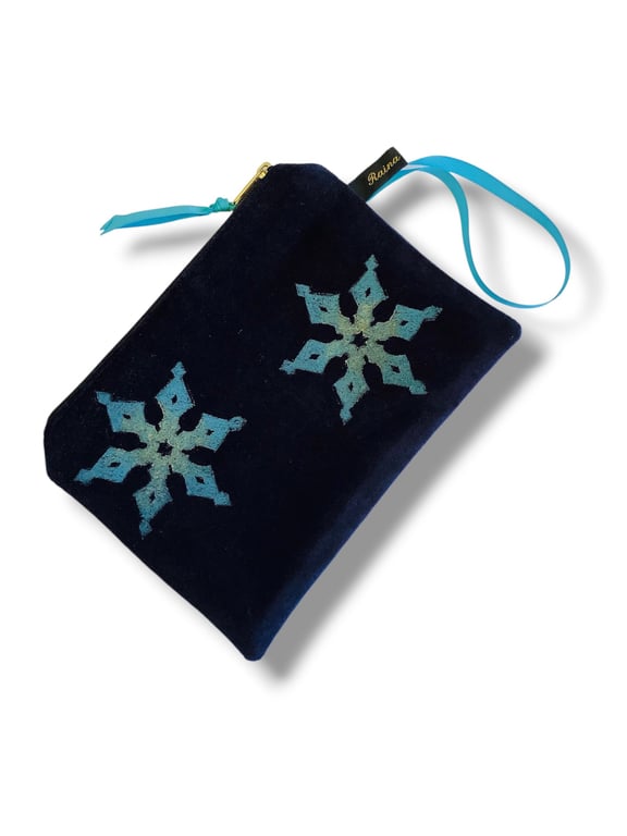 Snowflake Velvet Pouch, Navy Velvet Small Makeup Bag, Hand Printed Cosmetic Pouc