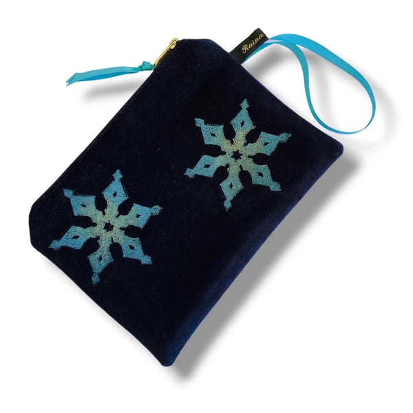Snowflake Velvet Pouch, Navy Velvet Small Makeup Bag, Hand Printed Cosmetic Pouc