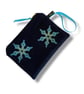 Snowflake Velvet Pouch, Navy Velvet Small Makeup Bag, Hand Printed Cosmetic Pouc