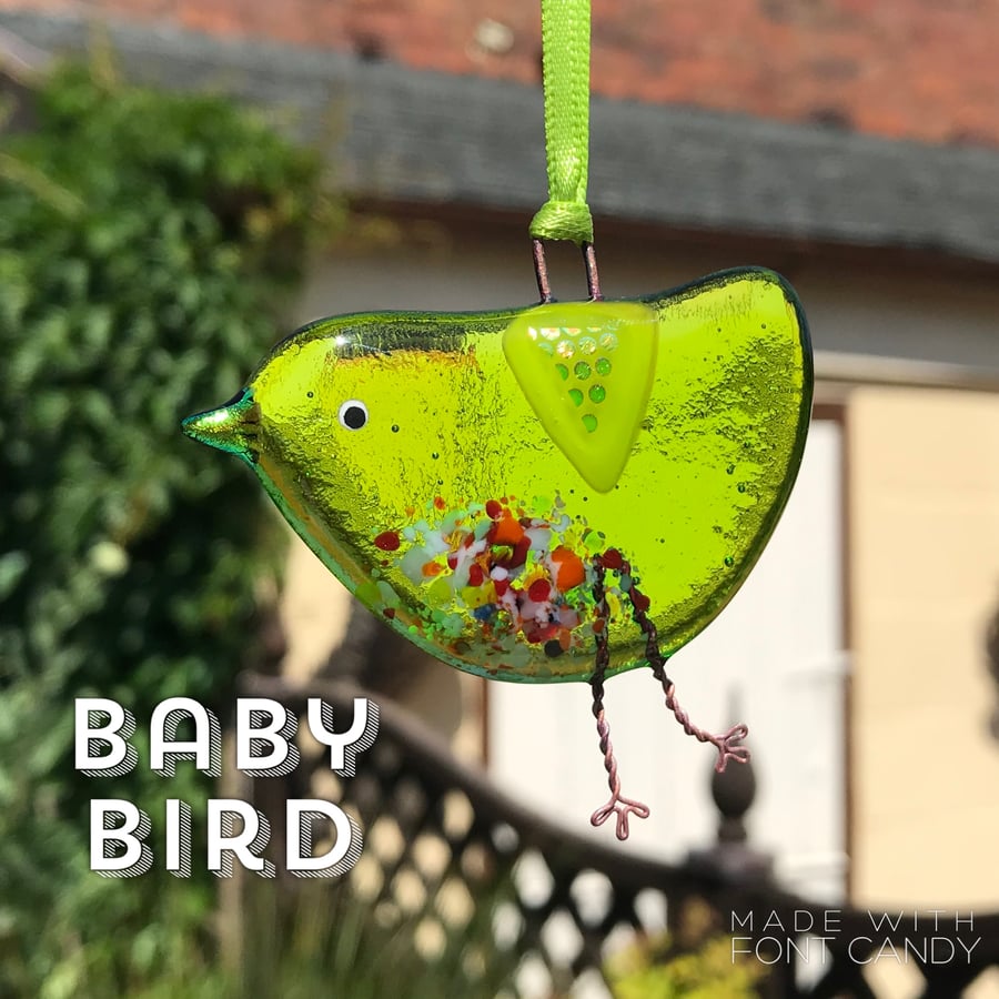 Green fused glass BABY bird