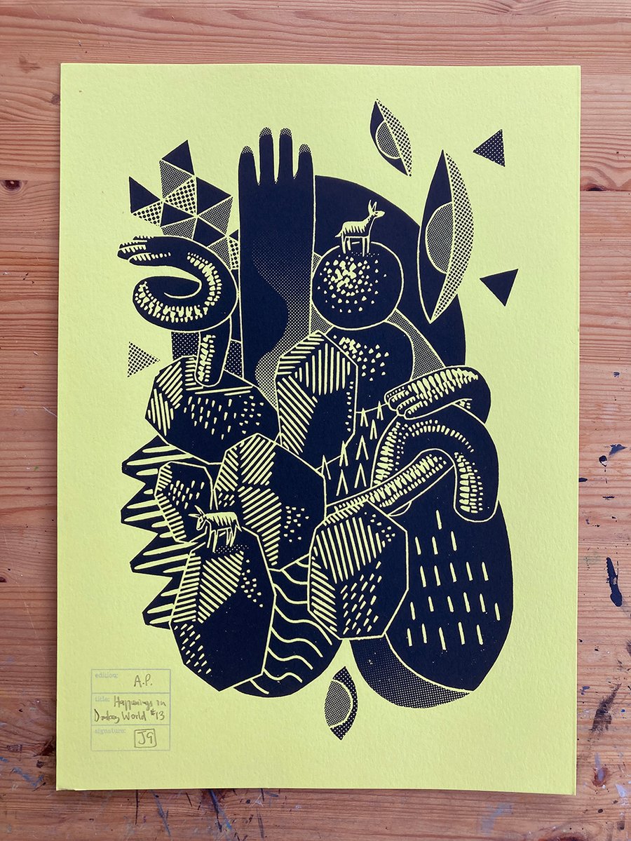 Happenings in Donkey World No.13 A3 linocut screen-print (on lemon yellow paper)