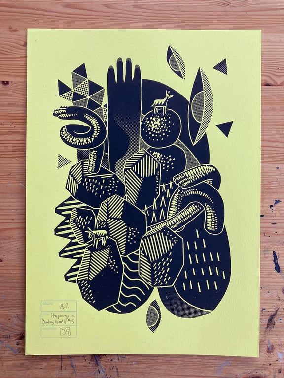 Happenings in Donkey World No.13 A3 linocut screen-print (on lemon yellow paper)