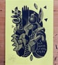 Happenings in Donkey World No.13 A3 linocut screen-print (on lemon yellow paper) - Image 1