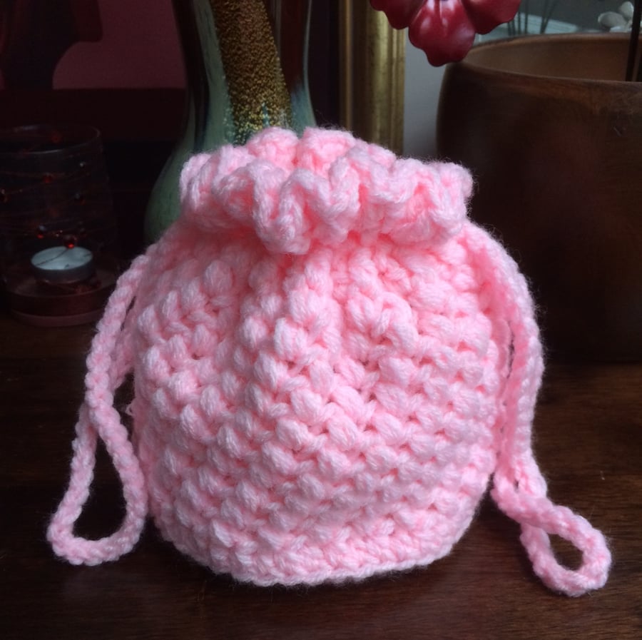 Hand Crochet Luxury Pink Drawstring Bag Pouch Purse Handbag by Poppy Kay