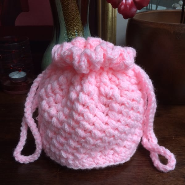 Hand Crochet Luxury Pink Drawstring Bag Pouch Purse Handbag by Poppy Kay