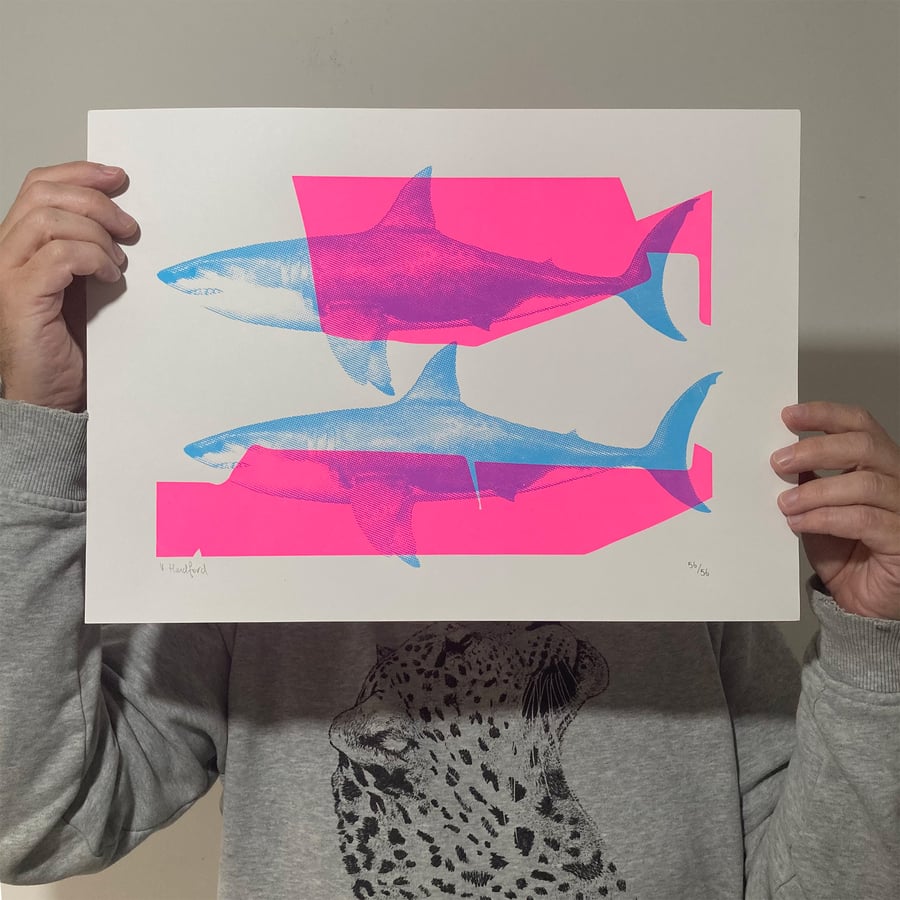 Screen Printed Shark Poster - 'Shark Tank (Neon Pink and Blue).'