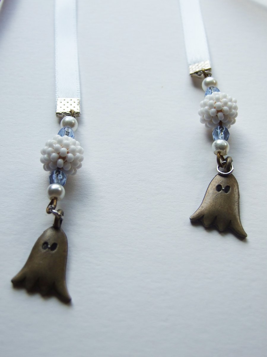 Halloween Bronze Ghost Charm Pale Blue Ribbon Bookmark with White Beaded Beads