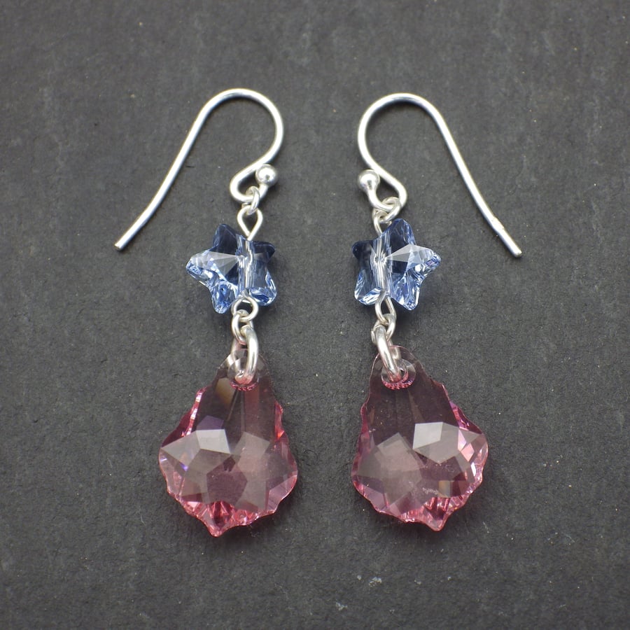 Rose pink baroque Swarovski drop earrings with light sapphire blue stars