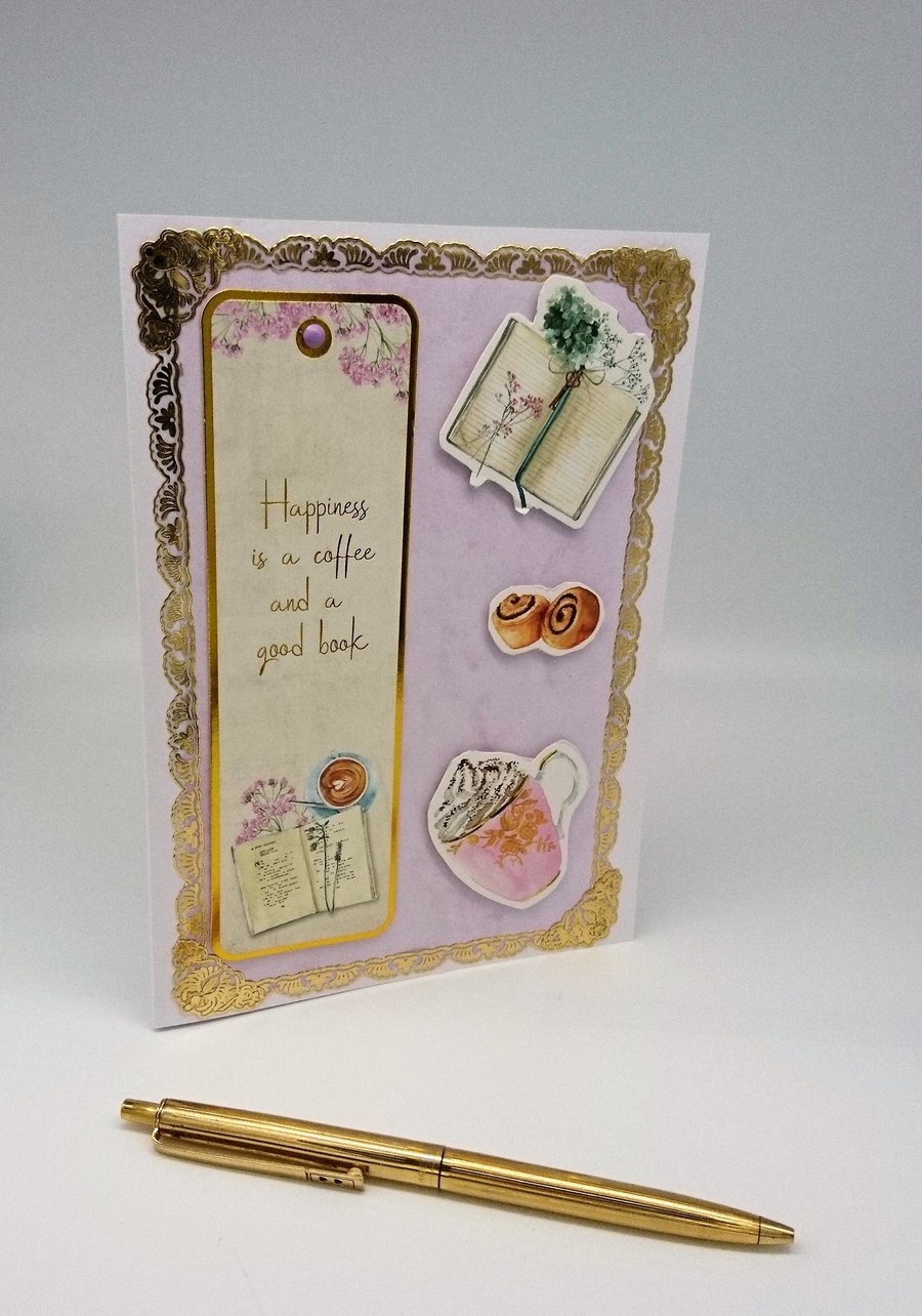 Card with Detachable Bookmark Gift. Coffee, Cake and a Good Book FREE P&P UK 