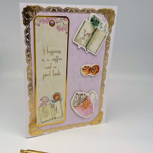 Card with Detachable Bookmark Gift. Coffee, Cake and a Good Book FREE P&P UK 