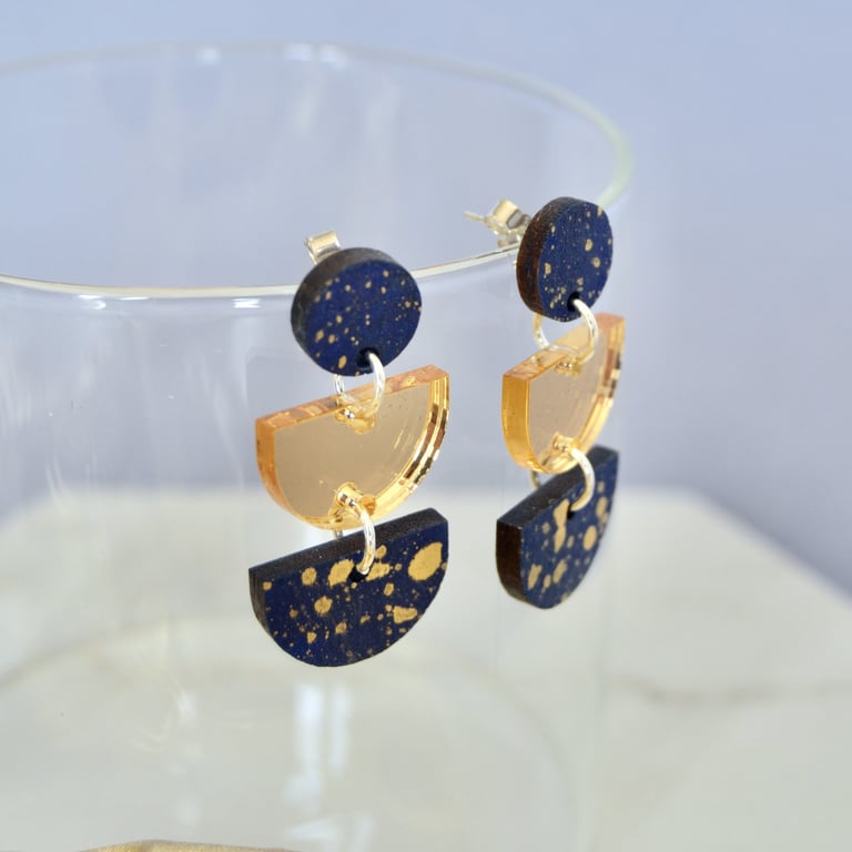 Dangly semicircles earrings, navy and silver or gold