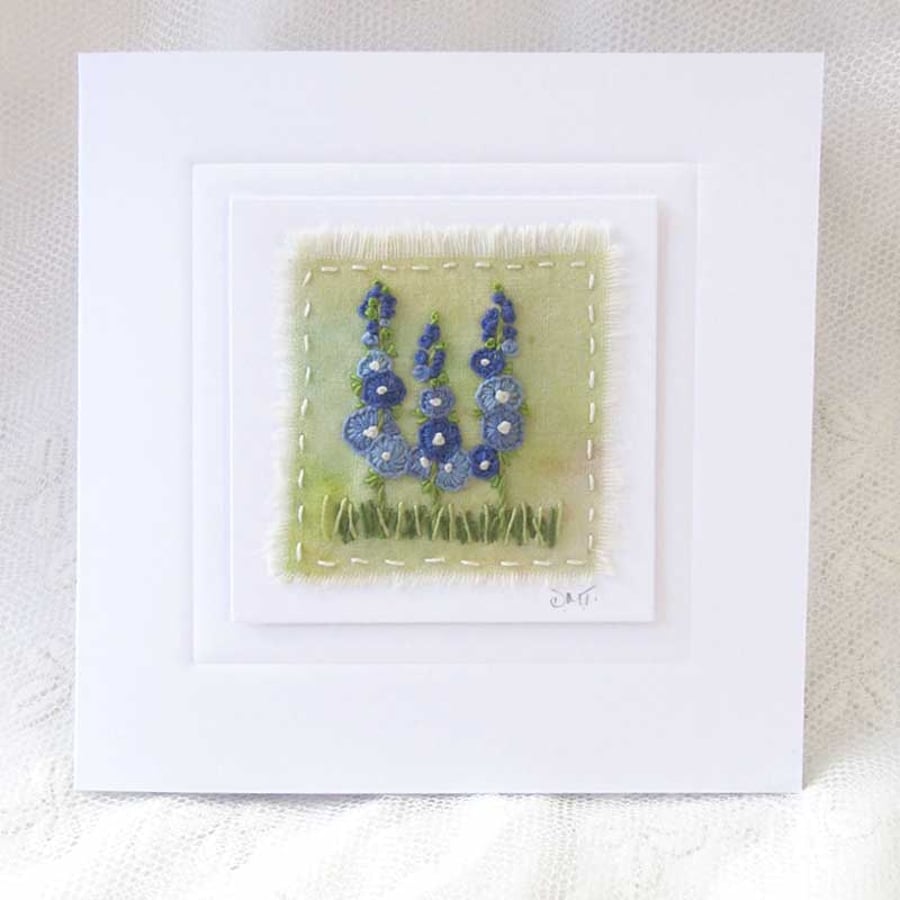 HAND EMBROIDERED GREETINGS CARD DELPHINIUMS