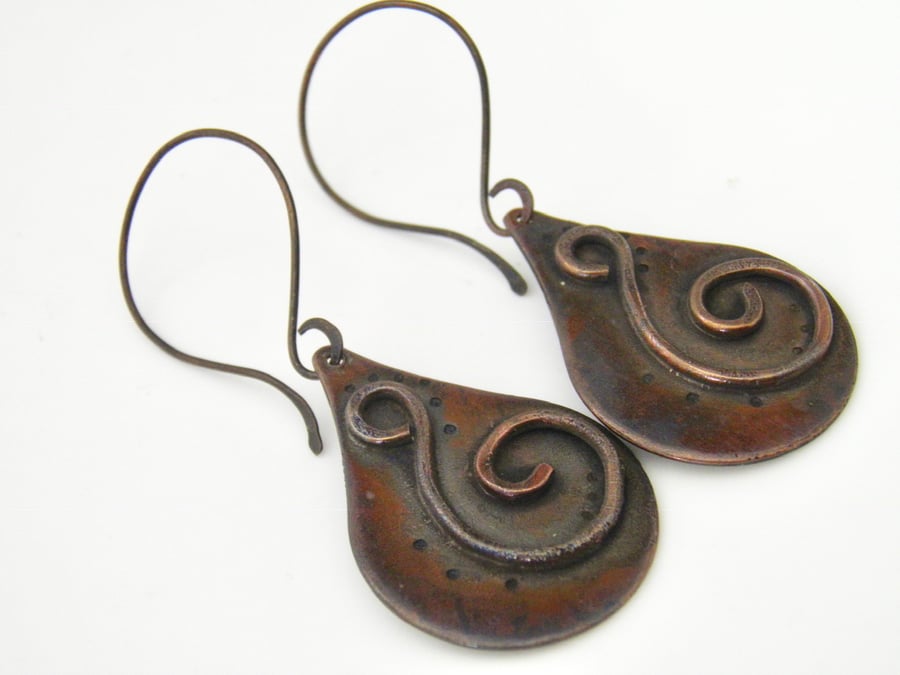 Copper Earrings Handcrafted Teadrop Swirl