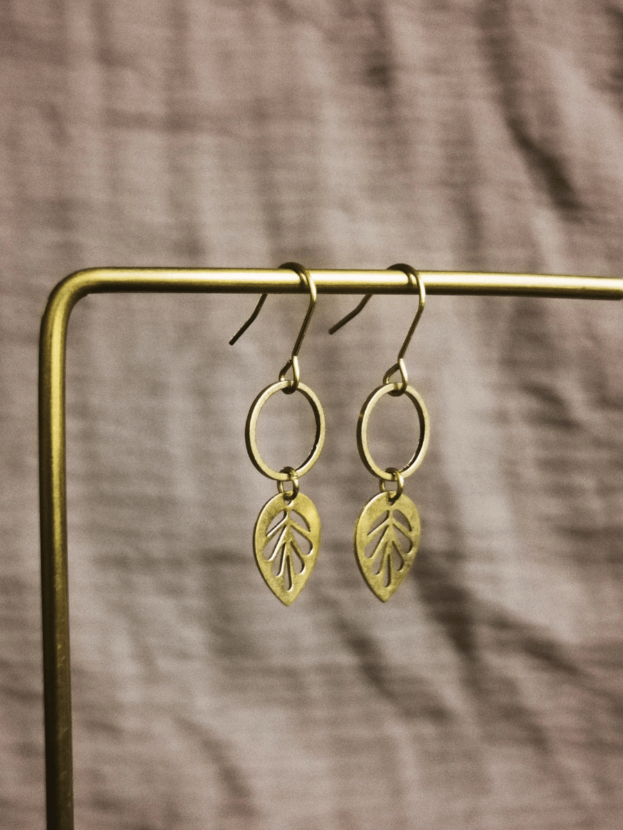 Minimal brass earrings, dangle leaf earrings, floral earrings