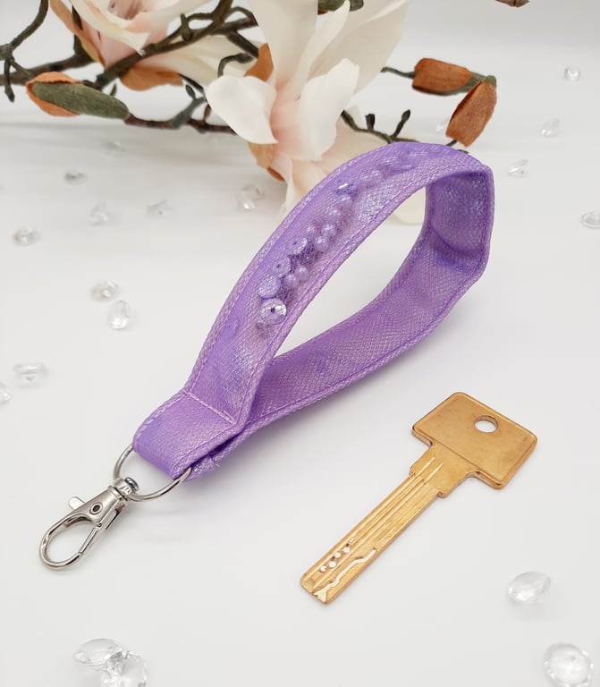 Purple wristlet, key fob, with beads and sequins, free uk delivery.  