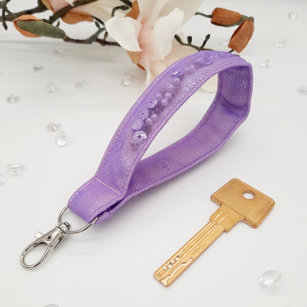 Purple wristlet, key fob, with beads and sequins, free uk delivery.  