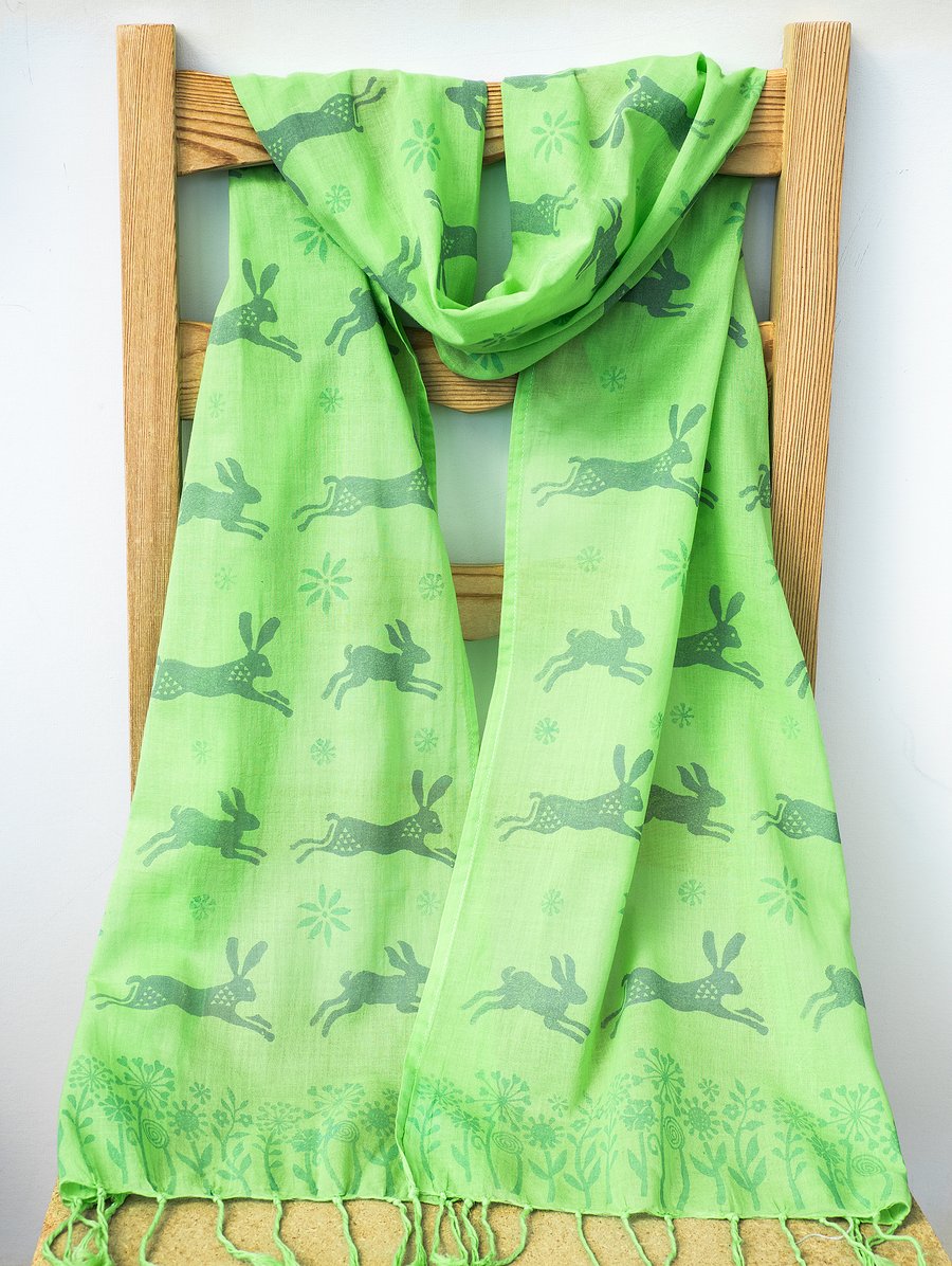 Handprinted Organic Cotton Hares Long Scarf Tassles Lime Green Blue Grey   