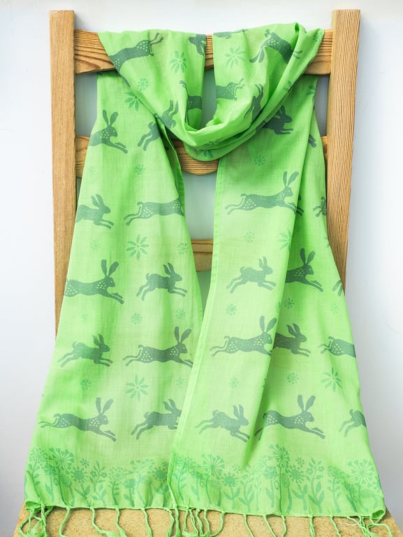 Handprinted Organic Cotton Hares Long Scarf Tassles Lime Green Blue Grey   