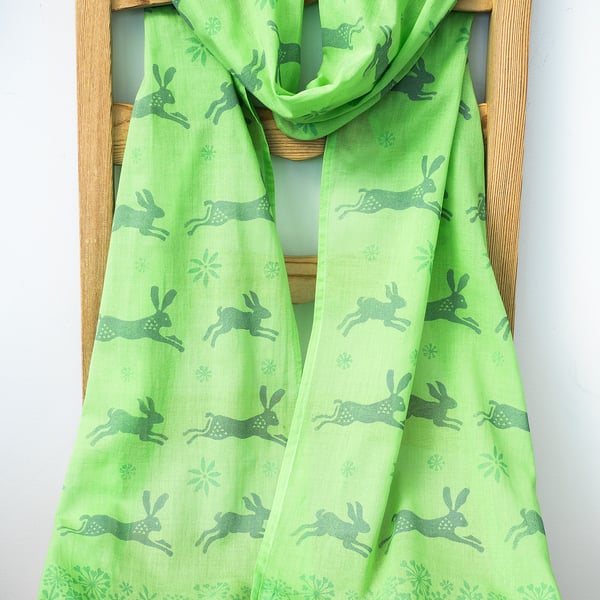 Handprinted Organic Cotton Hares Long Scarf Tassles Lime Green Blue Grey   