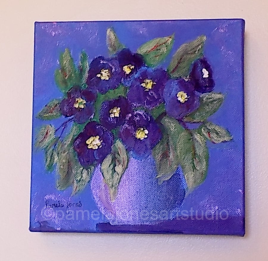 Violets in Mauve Vase, An Acrylic Painting on Boxed Canvas 20 x 20 cm