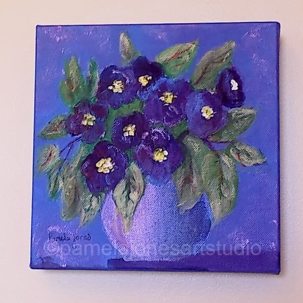 Violets in Mauve Vase, An Acrylic Painting on Boxed Canvas 20 x 20 cm