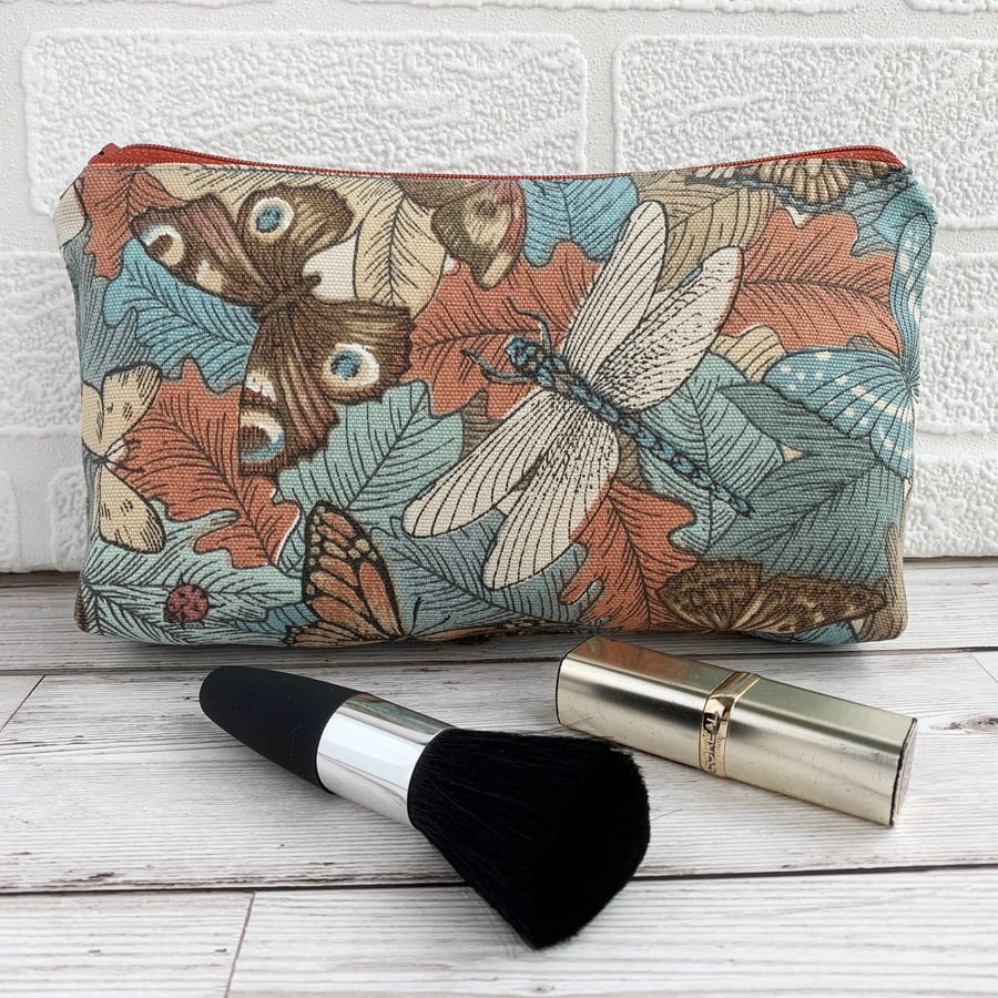 Make up bag, cosmetic bag with dragonfly, butterflies and a ladybird