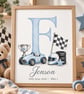 Personalised Blue Racing Car Print – A4 Baby Boys Nursery Wall Art