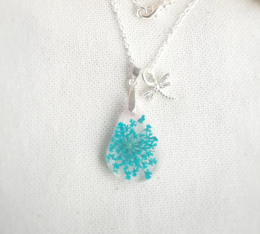 Blue flower resin necklace, Queen Anne's Lace charm pendant, 
