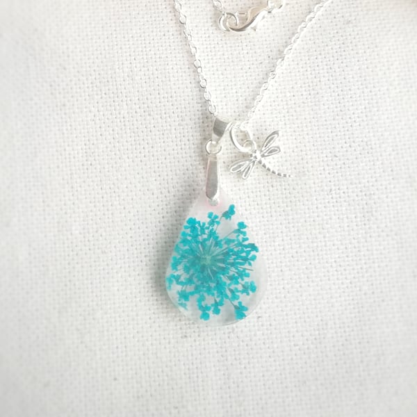 Blue flower resin necklace, Queen Anne's Lace charm pendant, 