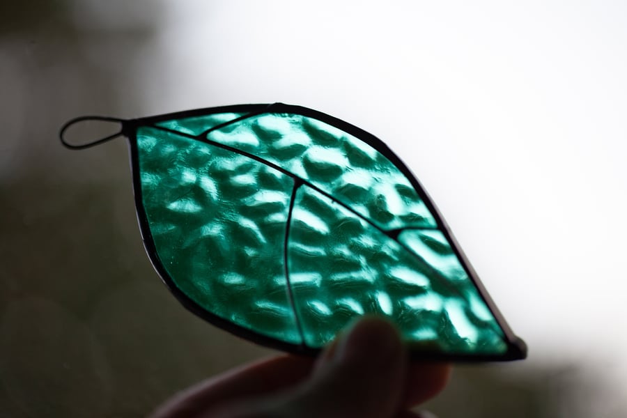 Teal leaf stained glass suncatcher