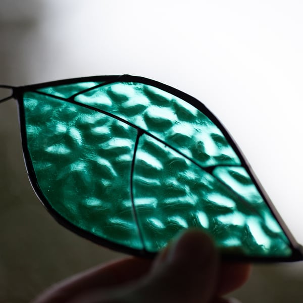 Teal leaf stained glass suncatcher