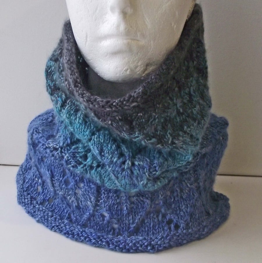 Lacy Cowl, Scarf, Neck Warmer, Soft Merino, Silk, Handspun, Knitted, Grey, Blue