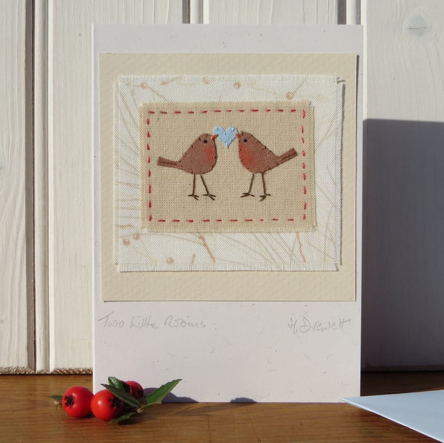 Two Little Robins hand-stitched detailed miniature, first Christmas together?