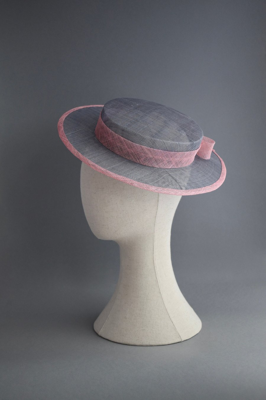 Handcrafted Pale Pink and Grey Percher-Style Boater Hat