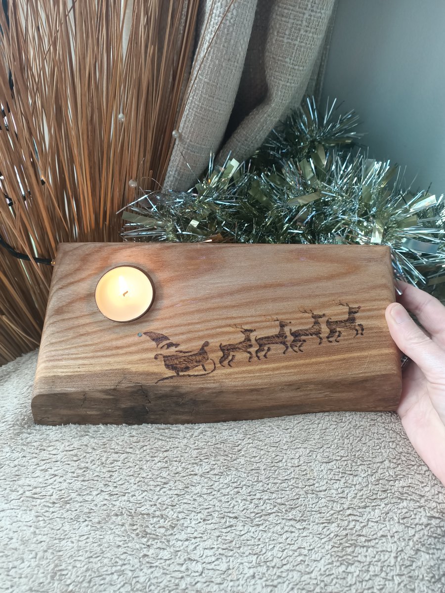 Santa sleigh reindeer wooden tealight holder moon sky live edge decoration