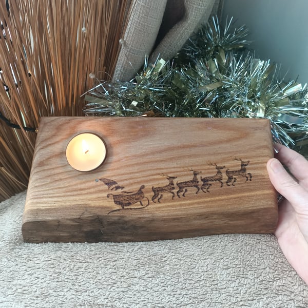 Santa sleigh reindeer wooden tealight holder moon sky live edge decoration