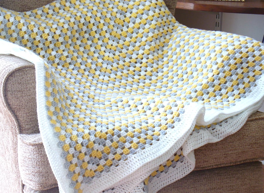 Crochet Blanket for double bed White Grey Yellow