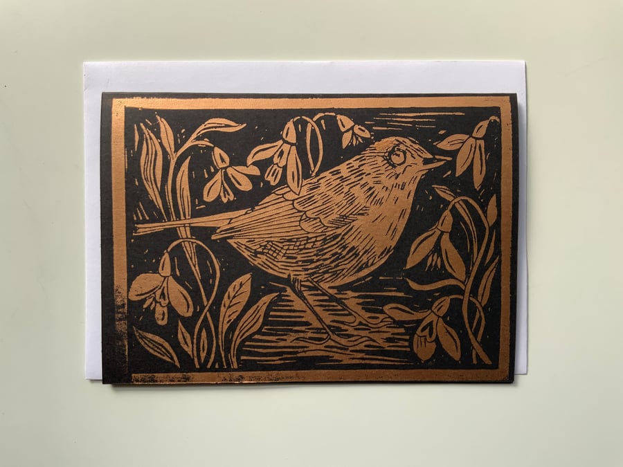 Linocut card Robin - Snowdrops - Hand Printed - Handmade Card - Art Card - Bird