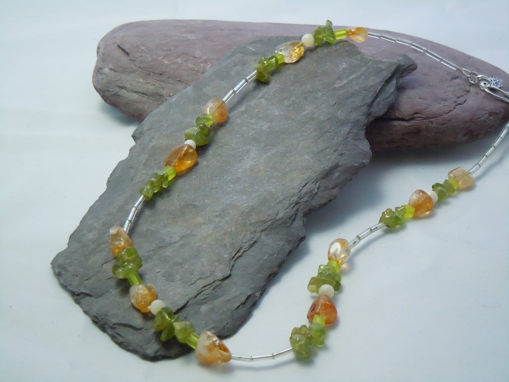 Peridot & Citrine semi-precious chips & Mother of Pearl necklace