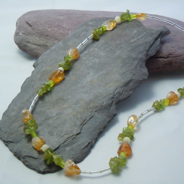 Peridot & Citrine semi-precious chips & Mother of Pearl necklace
