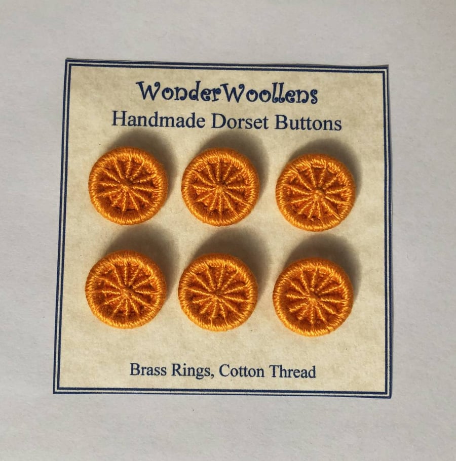 Dorset Buttons, Handmade, Orange Cotton Thread on Brass Rings