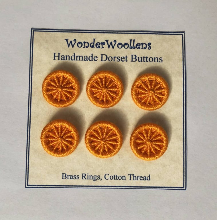 Dorset Buttons, Handmade, Orange Cotton Thread on Brass Rings