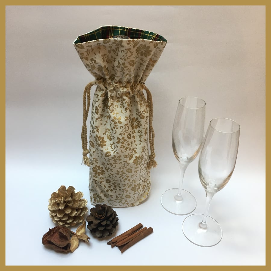 Wine Bag Reusable Cream and Gold Poinsettia Christmas Bottle Bag SECONDS SUNDAY