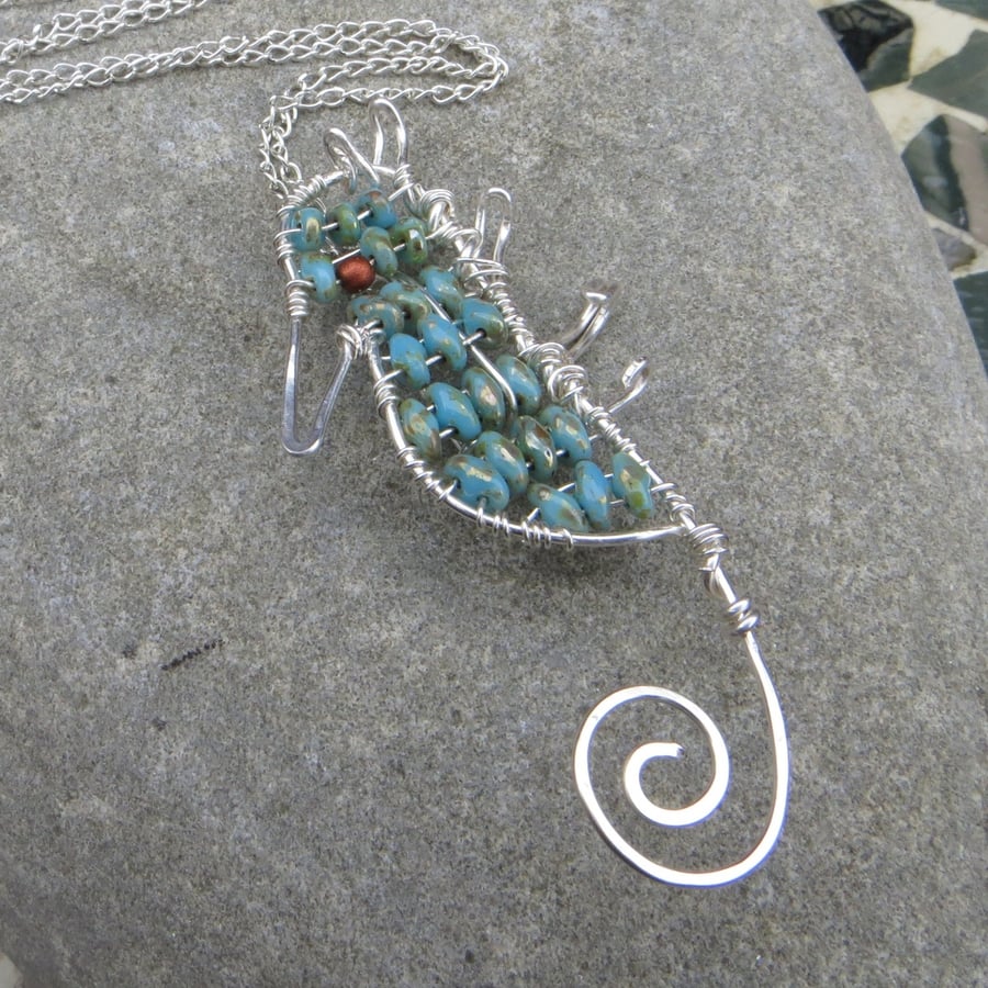 Seahorse Necklace or Brooch, Ocean Jewellery, Beaded Seahorse, OOAK