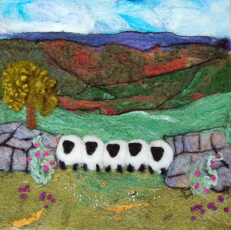 Sheep by a dry stonewall wool painting.  Needlefelt picture with hand embroidery
