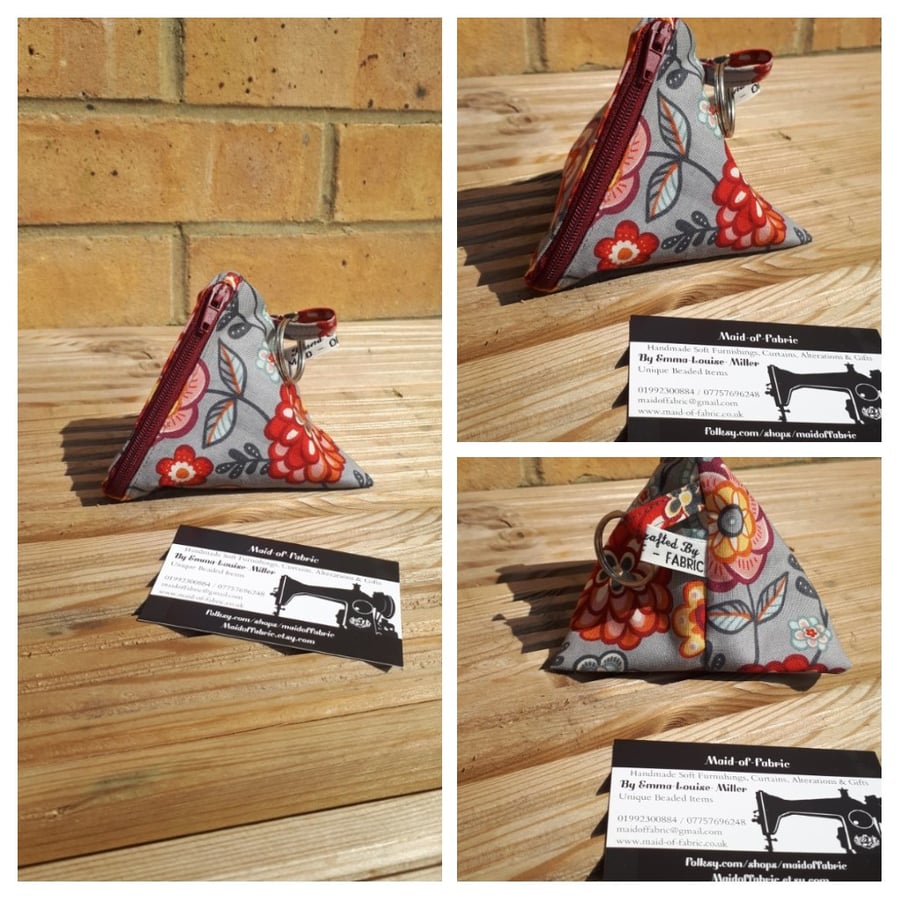 Pyramid keyring coin purse in funky flower fabric.  Free uk delivery.  