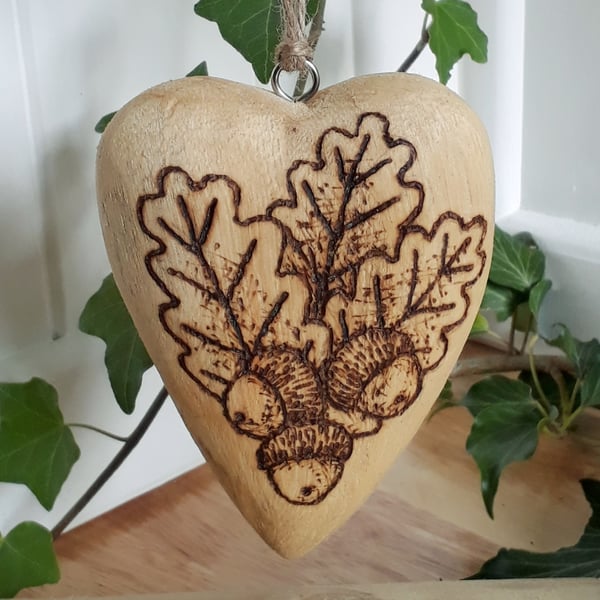 Pyrography wooden acorn & oak leaf heart decoration